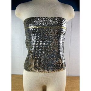 Vintage 80s Double Heart Designs Silver Sequins Tube Top 3XL Gold Accent Disco